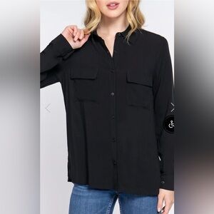 Chico's Classic Black Button Down Long Sleeve Blouse w/Faux Pockets-size 2 (L)
